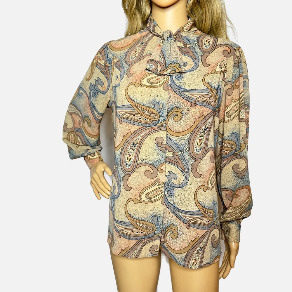 Vintage 70's DALTON Blouse Paisley High Neck Bow Tie Tan Top Size Small